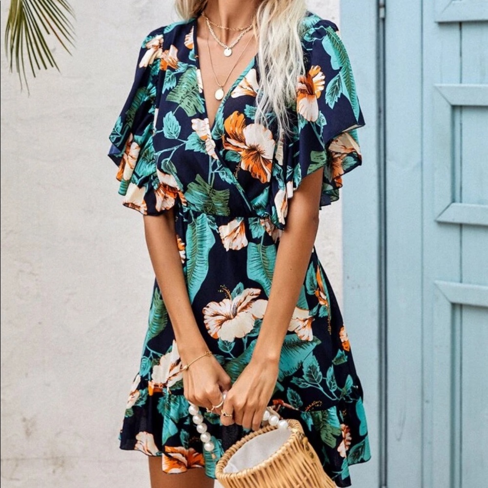 Tropical Floral Wrap Mini Dress